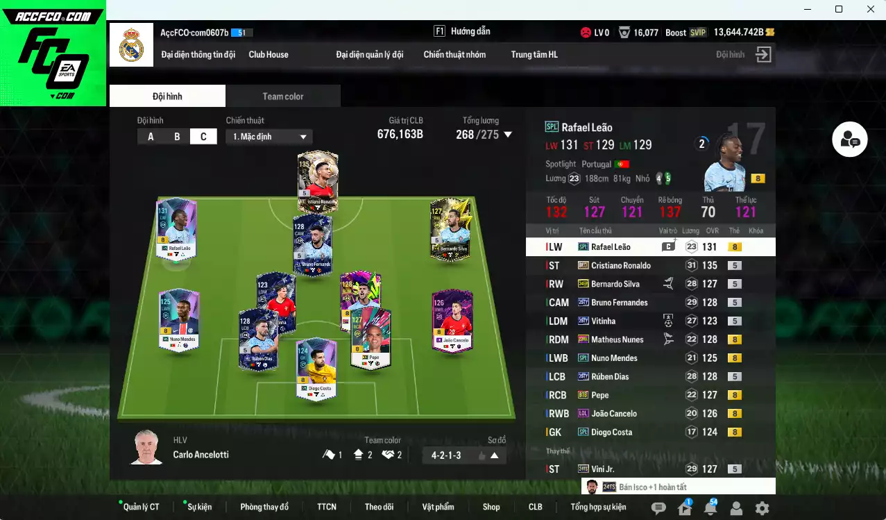 Ảnh Real Madrid 676.160b (team phụ Bồ Đào Nha) dư 13.600b có CR7 BLD, Mbappé 24TY, Vini 24TS, Militão 23TY+7, Kroos 24TY, Modri 23TY+6, Benzema 23TY, Dias 25TY, Vitinha 25TY, Bruno 25TY...