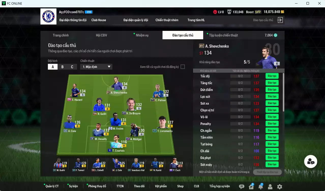Ảnh Chelsea 423.840b dư 18.000b có Sheva BDO+6, Gullit RTN, Hazard 25HR, K. De Bruyne 24TY, Essien CFA, Rudiger CU+6, Desailly LN, Palmer 24TS, Courtois TC+9... HLV Xịn