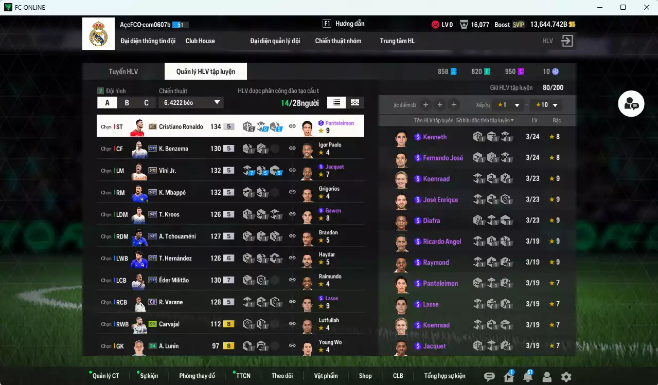 Ảnh Real Madrid 676.160b (team phụ Bồ Đào Nha) dư 13.600b có CR7 BLD, Mbappé 24TY, Vini 24TS, Militão 23TY+7, Kroos 24TY, Modri 23TY+6, Benzema 23TY, Dias 25TY, Vitinha 25TY, Bruno 25TY...