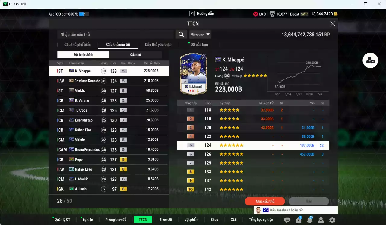 Ảnh Real Madrid 676.160b (team phụ Bồ Đào Nha) dư 13.600b có CR7 BLD, Mbappé 24TY, Vini 24TS, Militão 23TY+7, Kroos 24TY, Modri 23TY+6, Benzema 23TY, Dias 25TY, Vitinha 25TY, Bruno 25TY...