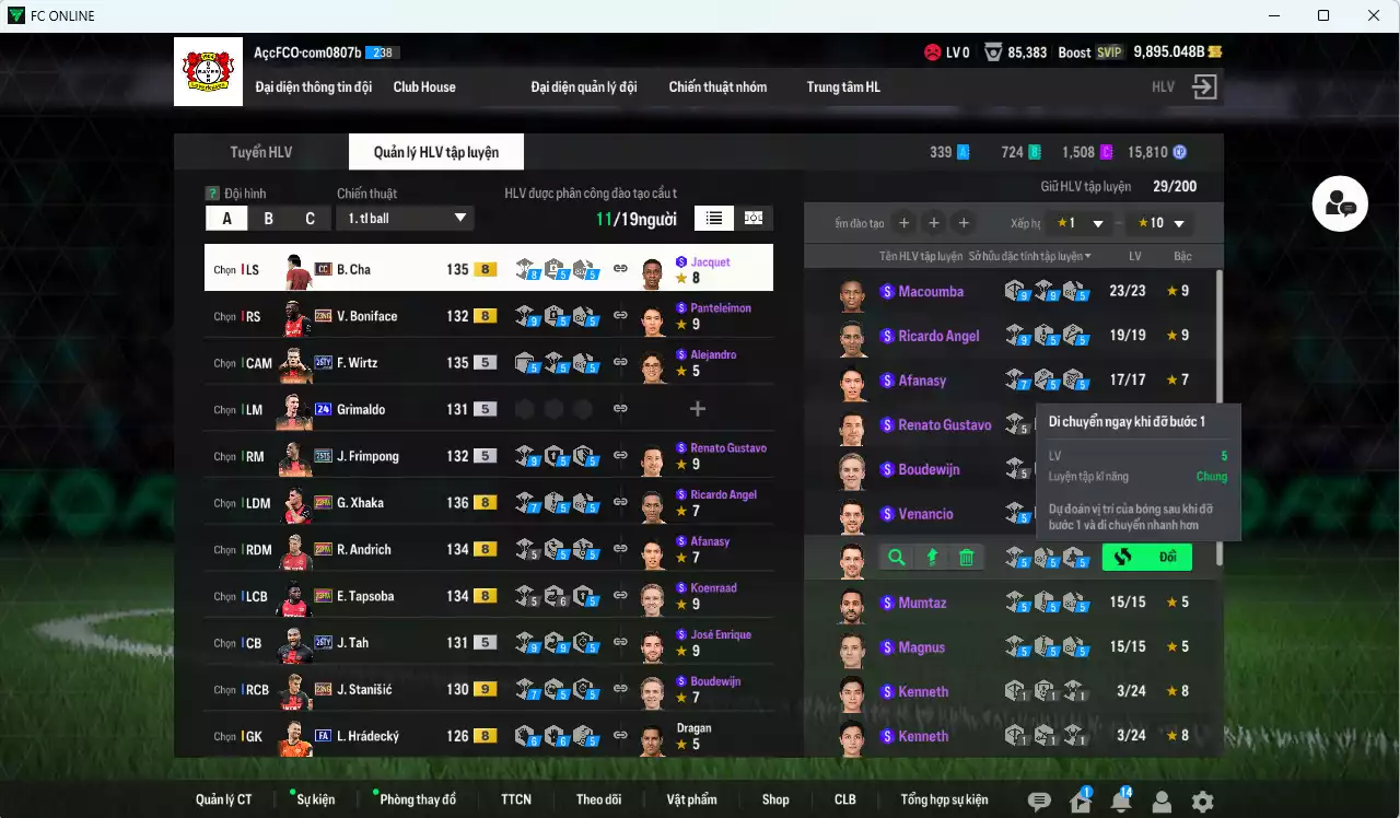 Ảnh Bayer 04 Leverkusen 234.090b dư 9800b có Wirtz 25TY, Xhaka 23HW, Frimpong 25TS, B. Cha CC, Stanisic 23NG+9, Andrich 23HW, Tah 25TY... HLV Xịn