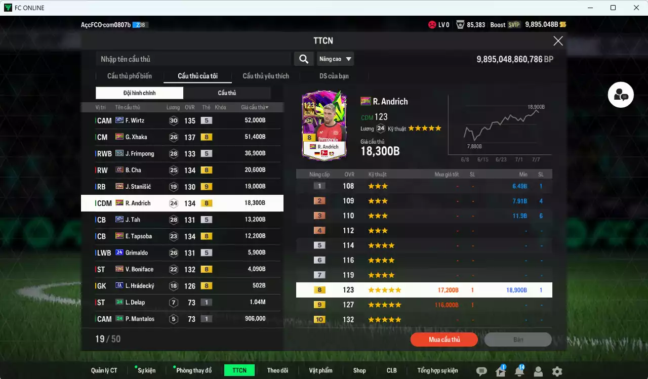 Ảnh Bayer 04 Leverkusen 234.090b dư 9800b có Wirtz 25TY, Xhaka 23HW, Frimpong 25TS, B. Cha CC, Stanisic 23NG+9, Andrich 23HW, Tah 25TY... HLV Xịn