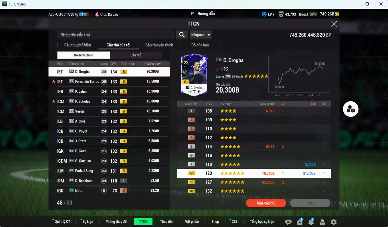 Ảnh [ACC Rẻ🔥] Full mùa LN+8 109.060b có Drogba, Torres, Lahm, Scholes, Verón, Cole, Puyol, Stam, Cech, Gattuso, Park Ji Sung LN+8