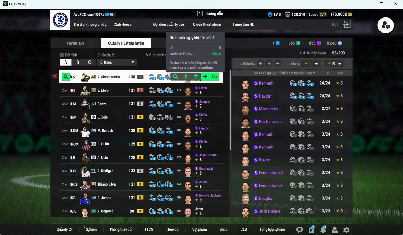 Ảnh Chelsea 440.210b có Eto ITM+2, Rudiger 25TS, Gullit LN, J. Cole CFA, Pedro LE, Sheva ITM khóa, R. James SPL, Ballack EBS, Thiago Silva BTB. HLV Xịn