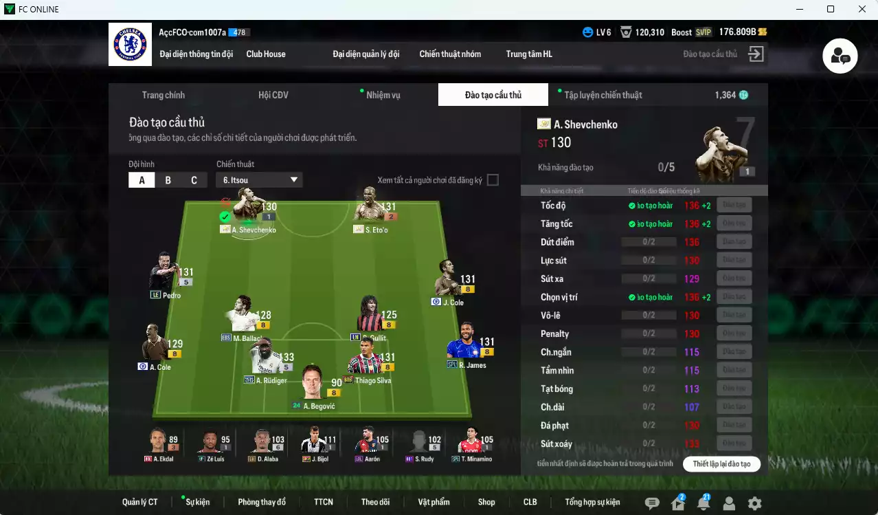 Ảnh Chelsea 440.210b có Eto ITM+2, Rudiger 25TS, Gullit LN, J. Cole CFA, Pedro LE, Sheva ITM khóa, R. James SPL, Ballack EBS, Thiago Silva BTB. HLV Xịn