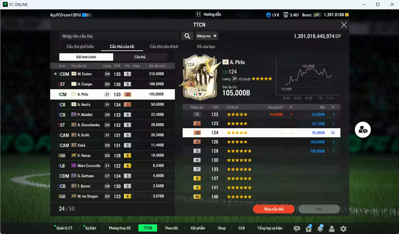 Ảnh [ACC Rẻ🔥] AC Milan 669.430b có Crespo ITM+5, Essien ITM+5, Pirlo ITM+3, Nesta ITM+3, Maldini CU, Sheva BDO, Gullit BDO, Kaká BDO... Còn nhiều CP GIẢM THUẾ