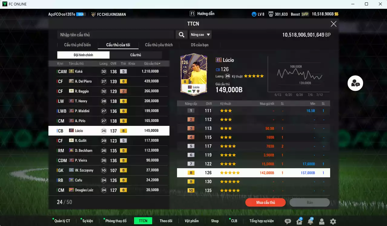Ảnh [ACC Rẻ🔥] Juventus 3.078.570b dư 10.500b có Kaká ITM+5, Del Piero DC, Baggio ITM+2, Henry CC, Maldini CC, Pirlo CC, Lúcio CC, Beckham HG, Vieira CC, Gullit ICON... Còn nhiều SVIP, HLV Xịn, VIP BK Tháng 7