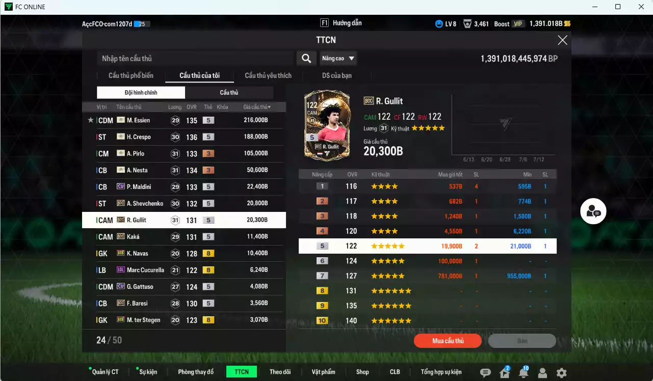 Ảnh [ACC Rẻ🔥] AC Milan 669.430b có Crespo ITM+5, Essien ITM+5, Pirlo ITM+3, Nesta ITM+3, Maldini CU, Sheva BDO, Gullit BDO, Kaká BDO... Còn nhiều CP GIẢM THUẾ