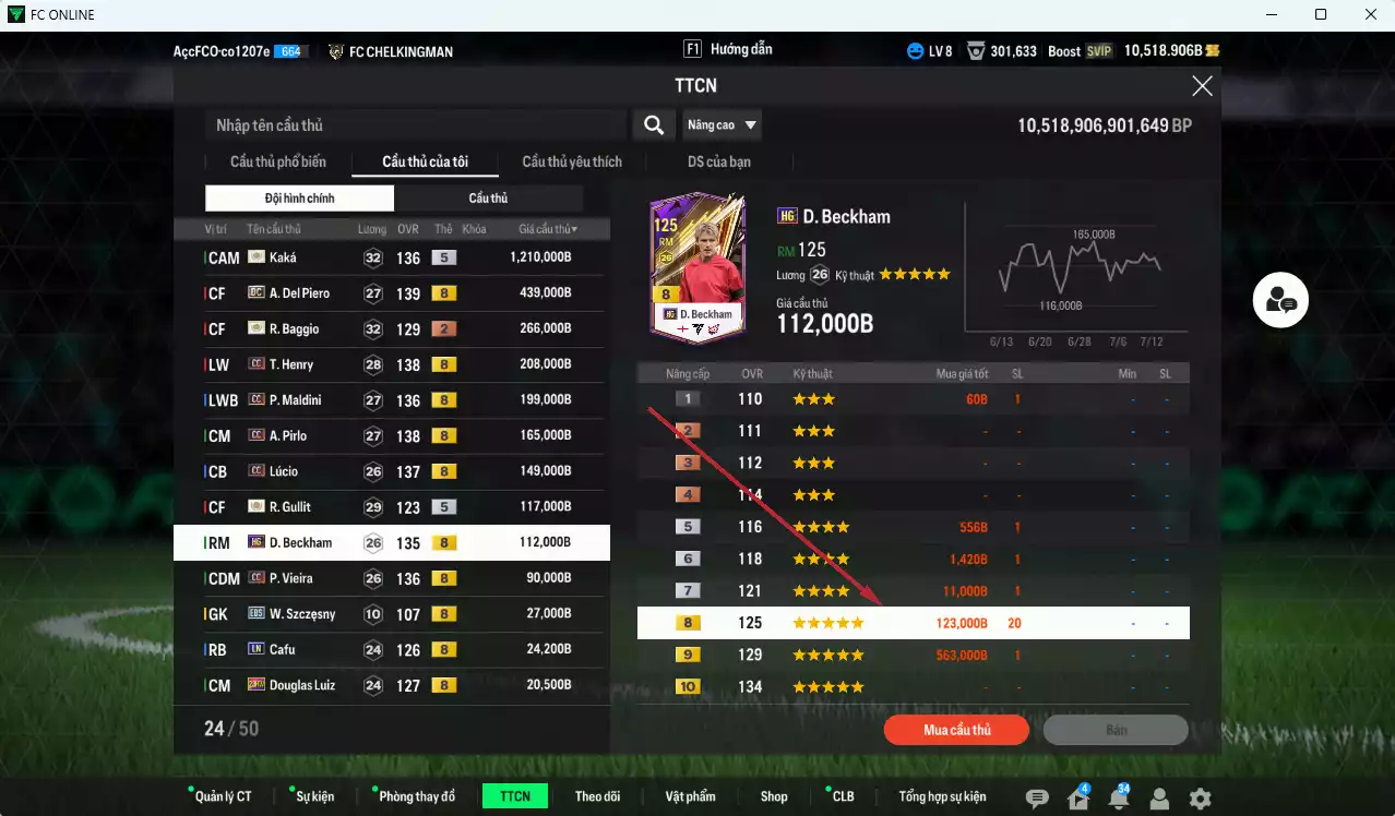 Ảnh [ACC Rẻ🔥] Juventus 3.078.570b dư 10.500b có Kaká ITM+5, Del Piero DC, Baggio ITM+2, Henry CC, Maldini CC, Pirlo CC, Lúcio CC, Beckham HG, Vieira CC, Gullit ICON... Còn nhiều SVIP, HLV Xịn, VIP BK Tháng 7