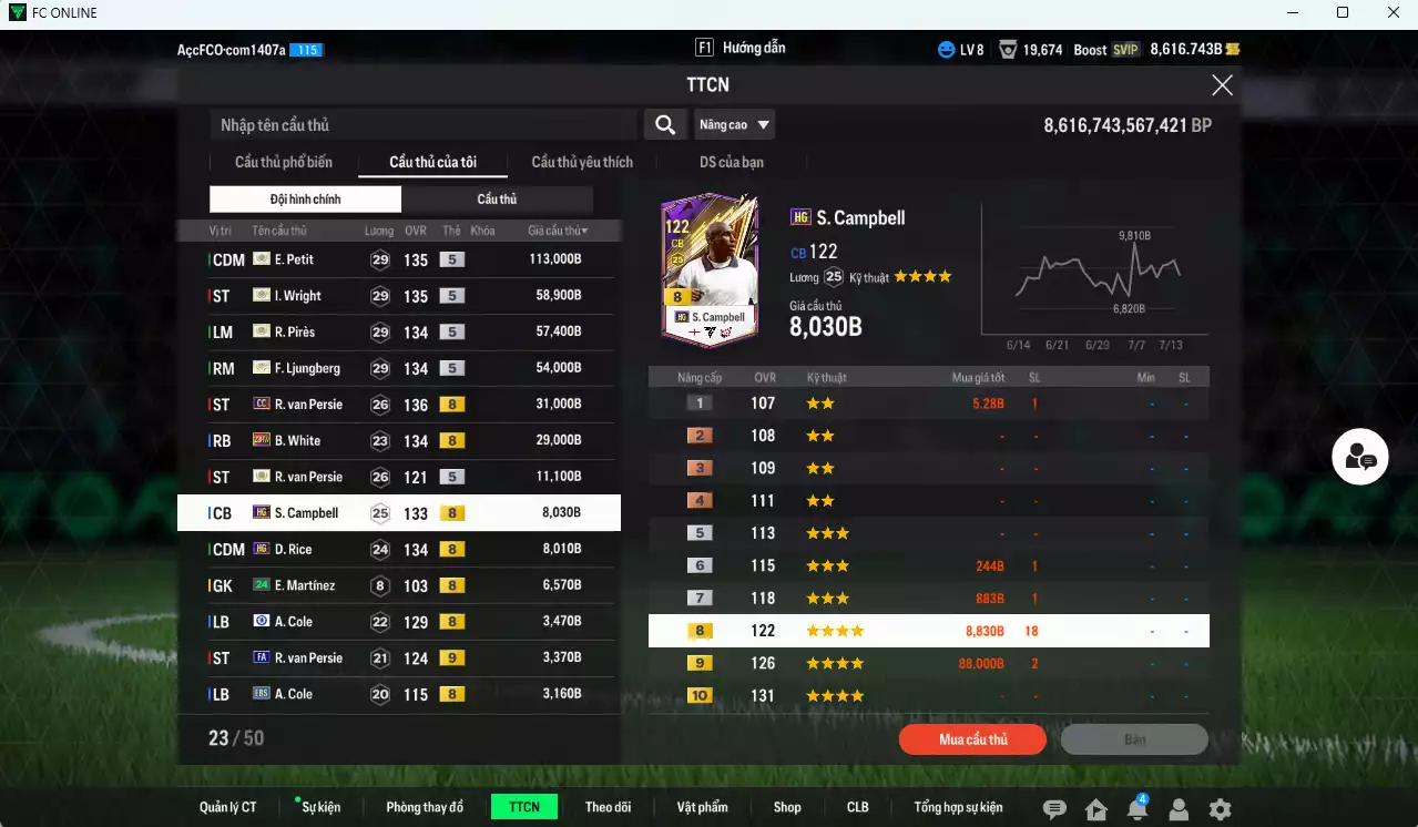 Ảnh [ACC Rẻ🔥] Arsenal 391.00b dư 8600b có Petit ITM+5, Wright ITM+5, Pirès ITM+5, Ljungberg ITM+5, Van Persie CC, White 23HW, Campbell HG, Rice HG... Còn nhiều CP GIẢM THUẾ