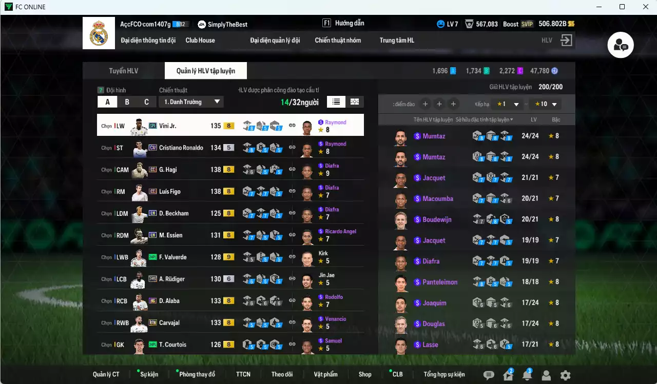 Ảnh [ACC Rẻ🔥] Real Madrid 521.230b có Figo CC, Hagi CC, CR7 CU, Beckham LN, Eto LN, Vini SPL, Rudiger 24TS+6, Alaba HG, Carvajal RTN... Gần full đào tạo, HLV Xịn