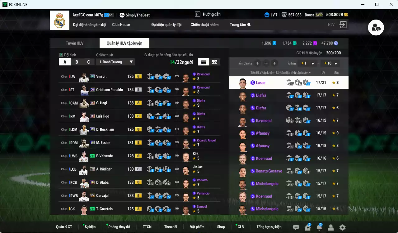 Ảnh [ACC Rẻ🔥] Real Madrid 521.230b có Figo CC, Hagi CC, CR7 CU, Beckham LN, Eto LN, Vini SPL, Rudiger 24TS+6, Alaba HG, Carvajal RTN... Gần full đào tạo, HLV Xịn