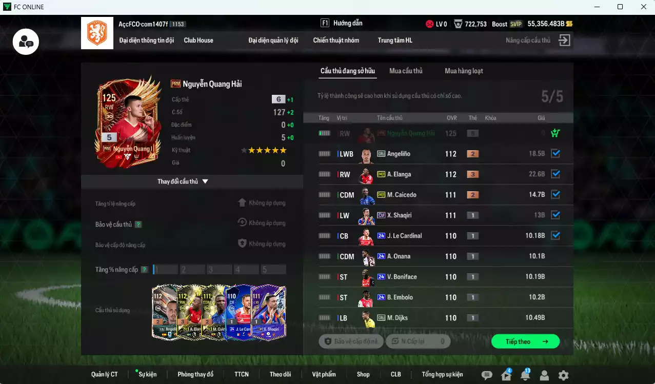 Ảnh [ACC Rẻ🔥] Quang Hải Prime +5 vs 55356b trắng, có thẻ đổi tên, còn nhiều SVIP, dư 27.000 TC. HLV Xịn