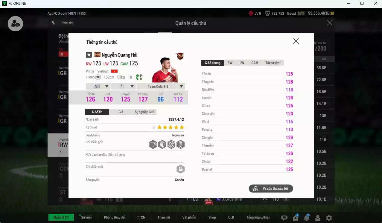 Ảnh [ACC Rẻ🔥] Quang Hải Prime +5 vs 55356b trắng, có thẻ đổi tên, còn nhiều SVIP, dư 27.000 TC. HLV Xịn