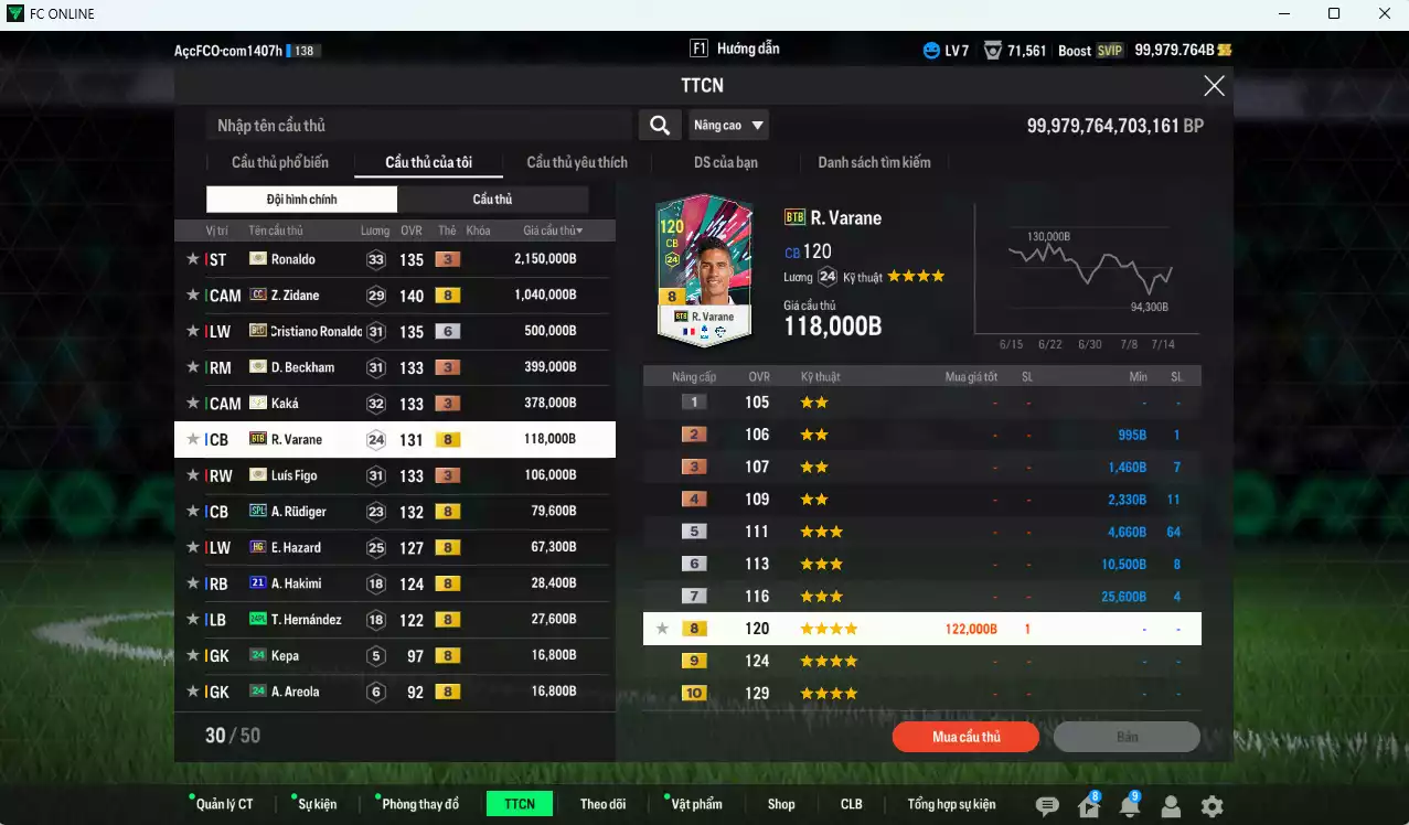 Ảnh [ACC Rẻ🔥] Real Madrid 4.995.170b dư 100.000b có Ronaldo ITM+3, Zidane CC, CR7 BLD+6, Beckham ITM+3, Kaká ITM+3, Figo ITM+3, Varane BTB, Rudiger SPL, Hazard HG... (VIP KC Tháng 7)