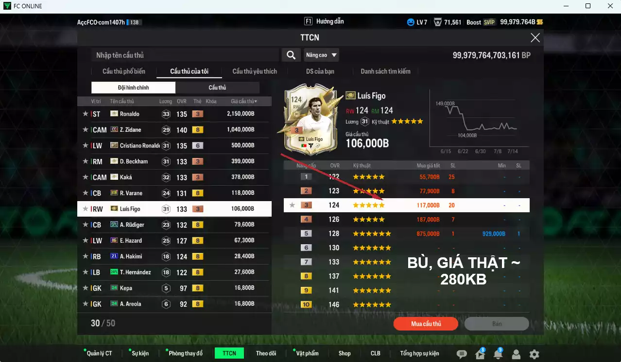 Ảnh [ACC Rẻ🔥] Real Madrid 4.995.170b dư 100.000b có Ronaldo ITM+3, Zidane CC, CR7 BLD+6, Beckham ITM+3, Kaká ITM+3, Figo ITM+3, Varane BTB, Rudiger SPL, Hazard HG... (VIP KC Tháng 7)