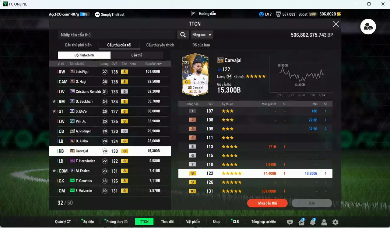 Ảnh [ACC Rẻ🔥] Real Madrid 521.230b có Figo CC, Hagi CC, CR7 CU, Beckham LN, Eto LN, Vini SPL, Rudiger 24TS+6, Alaba HG, Carvajal RTN... Gần full đào tạo, HLV Xịn