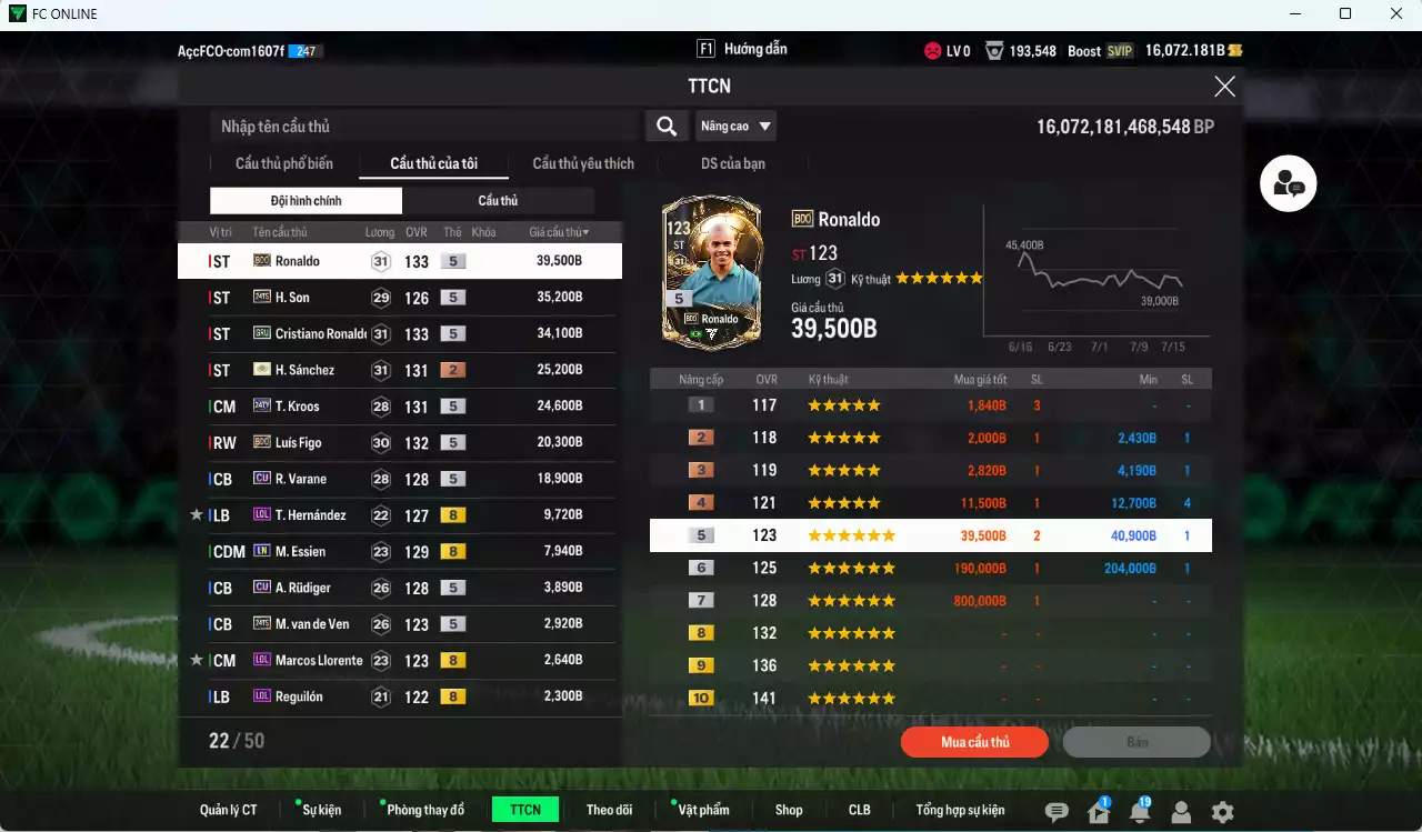Ảnh [ACC Rẻ🔥] Real Madrid 240.210b dư 16.000b có Ronaldo BDO, CR7 GRU, Son 24TS, Kroos 24TY, Figo BDO, H. Sanchez ITM+2, Ballack ITM khóa...