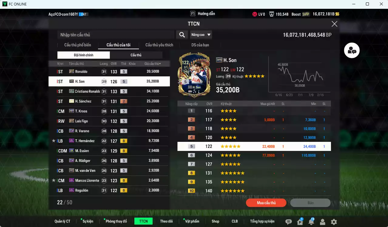 Ảnh [ACC Rẻ🔥] Real Madrid 240.210b dư 16.000b có Ronaldo BDO, CR7 GRU, Son 24TS, Kroos 24TY, Figo BDO, H. Sanchez ITM+2, Ballack ITM khóa...