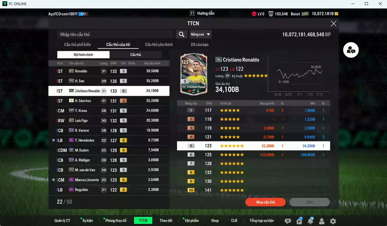 Ảnh [ACC Rẻ🔥] Real Madrid 240.210b dư 16.000b có Ronaldo BDO, CR7 GRU, Son 24TS, Kroos 24TY, Figo BDO, H. Sanchez ITM+2, Ballack ITM khóa...