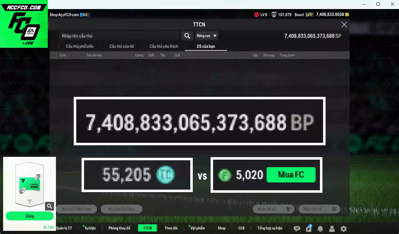 [ACC Khủng🔥, Tặng 5000FC] ACC 7.408.833b trắng (TOP TỶ PHÚ BP), dư 55.000 TC, gần full đào tạo chiến thuật. HLV Siêu Xịn, lịch sử nạp hơn 750tr