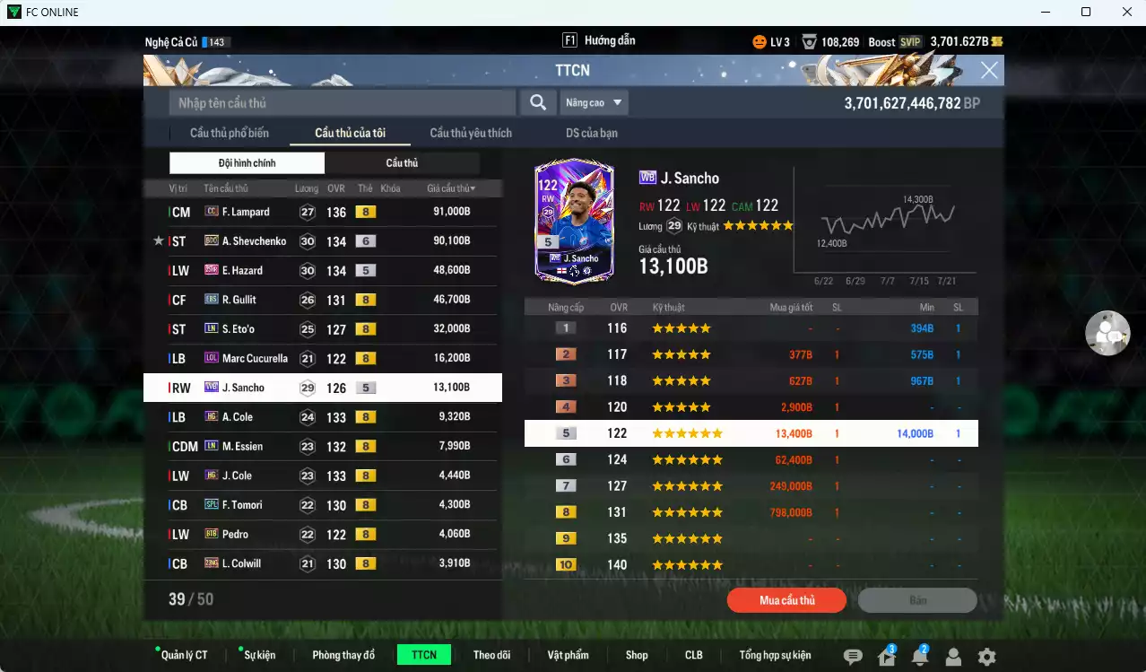 Ảnh Chelsea 377.000b có Lampard CC, Sheva BDO+6, Hazard 25HR, Gullit EBS, Eto LN, Sancho WB...