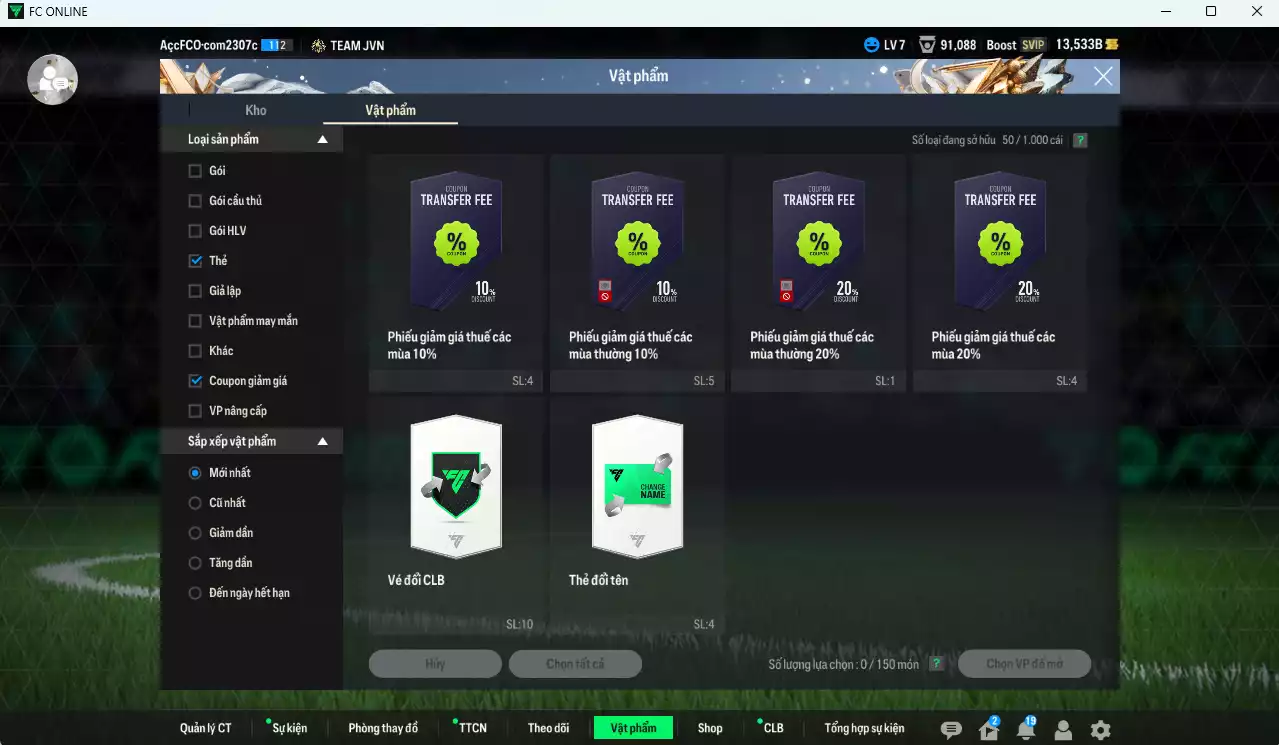 Ảnh Full mùa CC+8 727.080b dư 13.500b có Lúcio, Sheva, Desailly, Lampard, Touré, Gerrard, Rooney, H. Son, Van Persie, B. Cha, A. Cole, Cuadrado CC+8