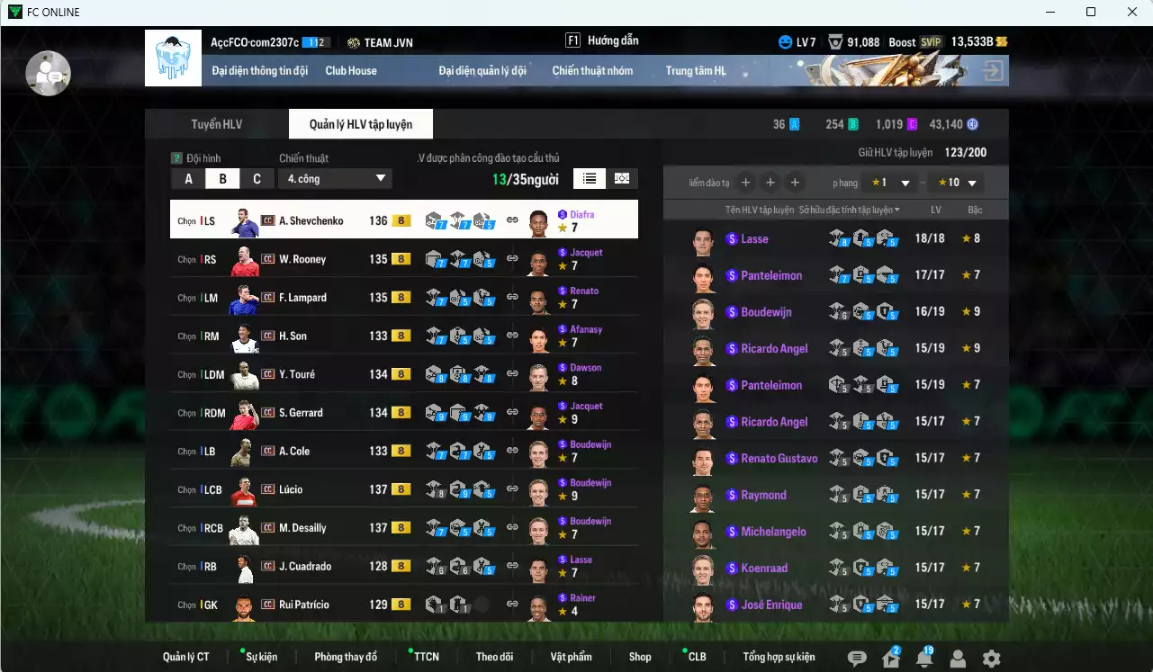 Ảnh Full mùa CC+8 727.080b dư 13.500b có Lúcio, Sheva, Desailly, Lampard, Touré, Gerrard, Rooney, H. Son, Van Persie, B. Cha, A. Cole, Cuadrado CC+8