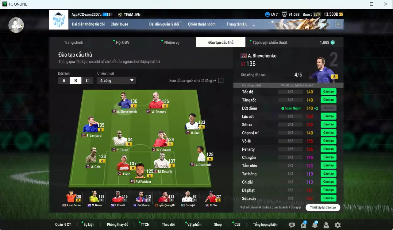 Ảnh Full mùa CC+8 727.080b dư 13.500b có Lúcio, Sheva, Desailly, Lampard, Touré, Gerrard, Rooney, H. Son, Van Persie, B. Cha, A. Cole, Cuadrado CC+8
