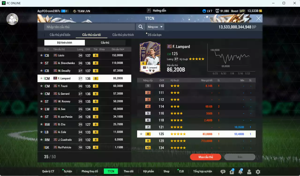 Ảnh Full mùa CC+8 727.080b dư 13.500b có Lúcio, Sheva, Desailly, Lampard, Touré, Gerrard, Rooney, H. Son, Van Persie, B. Cha, A. Cole, Cuadrado CC+8