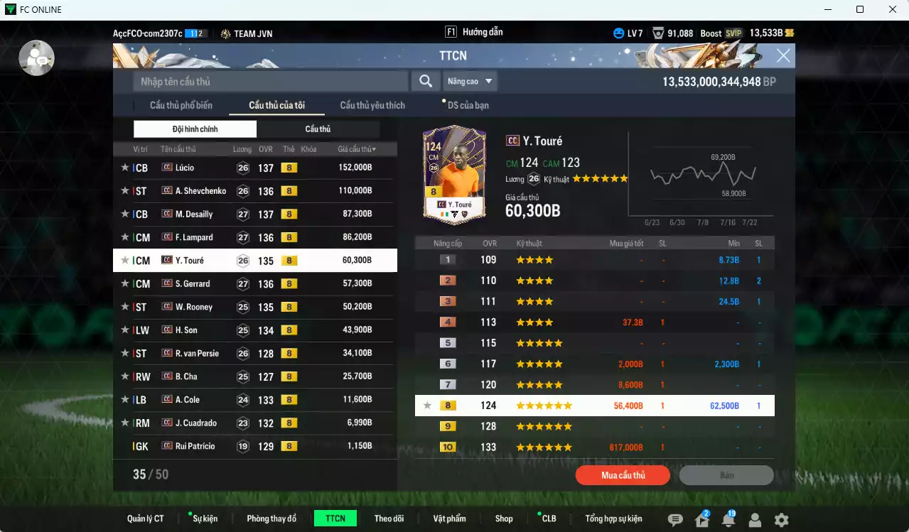Ảnh Full mùa CC+8 727.080b dư 13.500b có Lúcio, Sheva, Desailly, Lampard, Touré, Gerrard, Rooney, H. Son, Van Persie, B. Cha, A. Cole, Cuadrado CC+8
