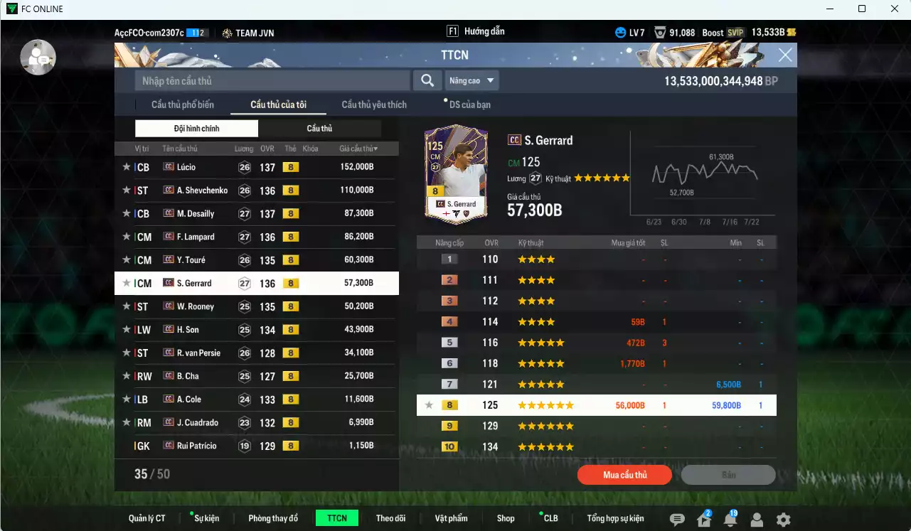 Ảnh Full mùa CC+8 727.080b dư 13.500b có Lúcio, Sheva, Desailly, Lampard, Touré, Gerrard, Rooney, H. Son, Van Persie, B. Cha, A. Cole, Cuadrado CC+8