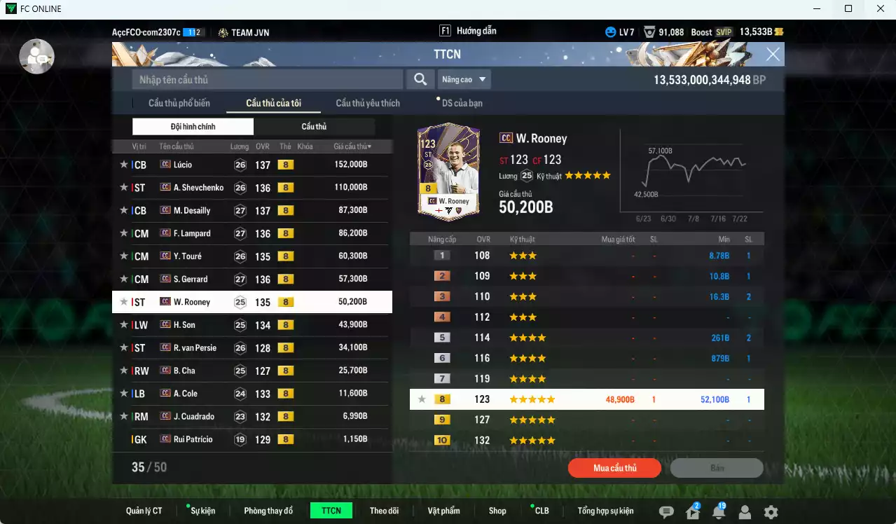 Ảnh Full mùa CC+8 727.080b dư 13.500b có Lúcio, Sheva, Desailly, Lampard, Touré, Gerrard, Rooney, H. Son, Van Persie, B. Cha, A. Cole, Cuadrado CC+8
