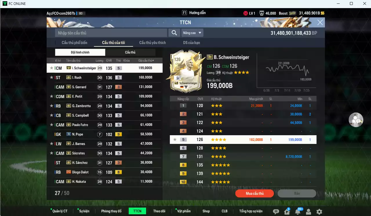 Ảnh Full ITM+5 1.057.970b dư 28.000b có Rush ITM+5, Schweinsteiger ITM+5, Petit ITM+5, Zamrotta ITM+5, Sol Campbell ITM+5, Sócrates ITM+5, Futre ITM+5, Barnes ITM+5, Nakata ITM+5, Sánchez +3, Gerrard+3...