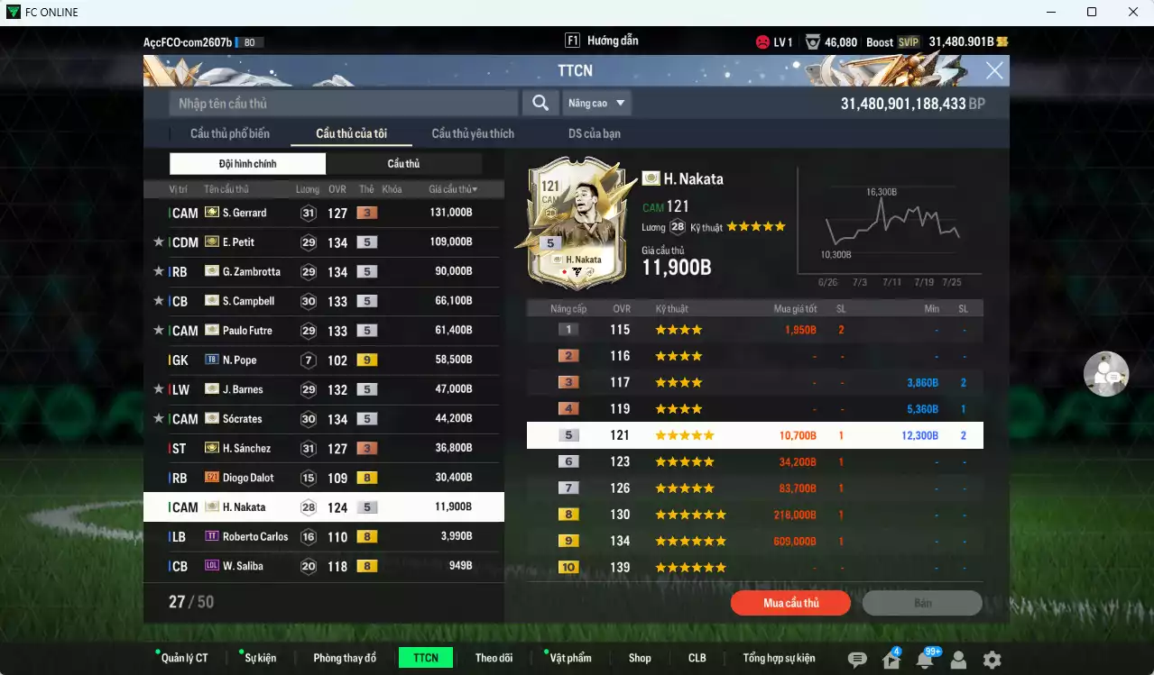 Ảnh Full ITM+5 1.057.970b dư 28.000b có Rush ITM+5, Schweinsteiger ITM+5, Petit ITM+5, Zamrotta ITM+5, Sol Campbell ITM+5, Sócrates ITM+5, Futre ITM+5, Barnes ITM+5, Nakata ITM+5, Sánchez +3, Gerrard+3...