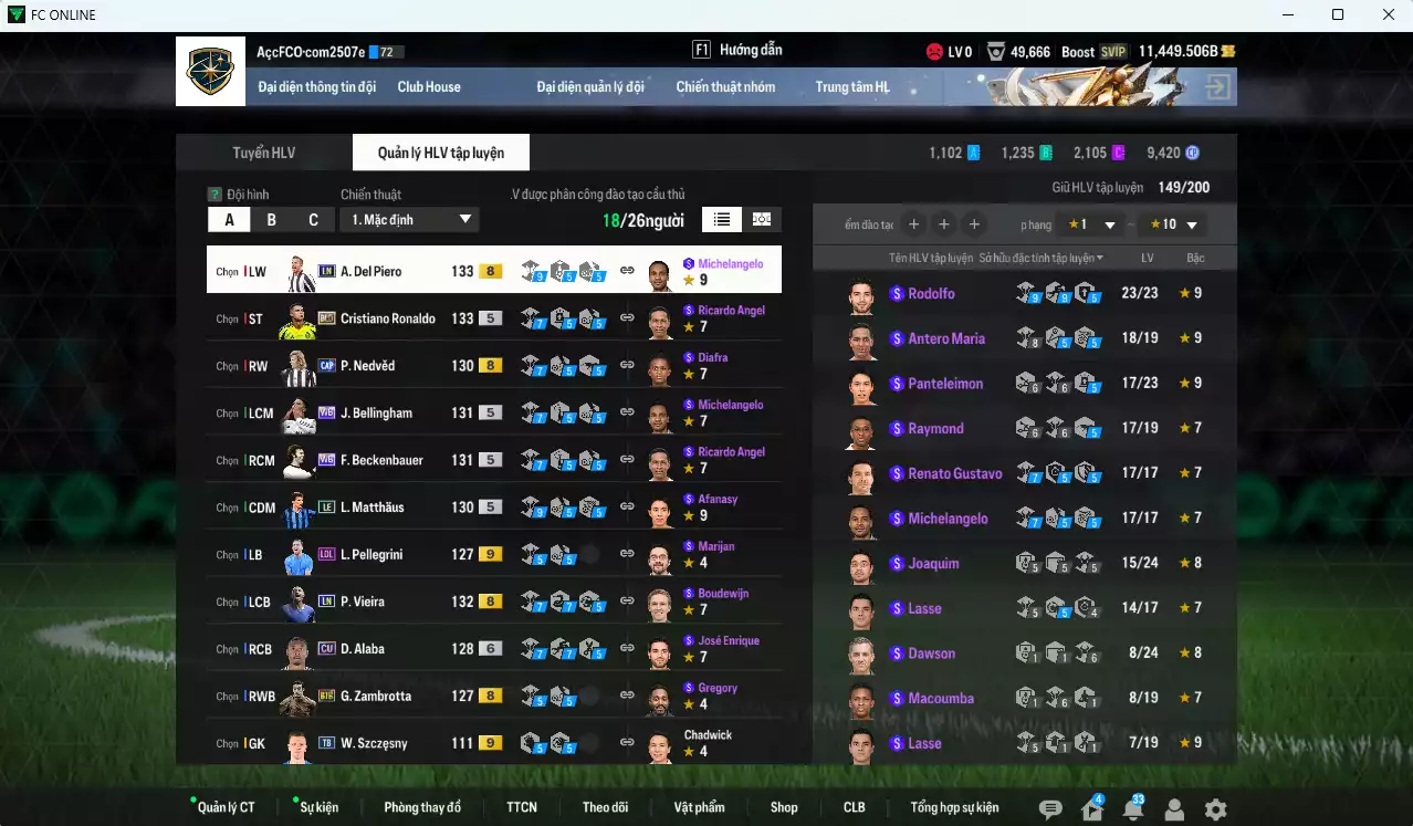 Ảnh Quốc Dân 768.930b dư 11.400b có CR7 BLD, Matthaus LE, Beckenbauer WB, Del Piero LN, Bellingham WB, Baggio LE, Ronaldo BDO, Zidane BTB, Vieira LN, Alaba CU+6, Nedved CAP... Còn nhiều CP GIẢM THUẾ