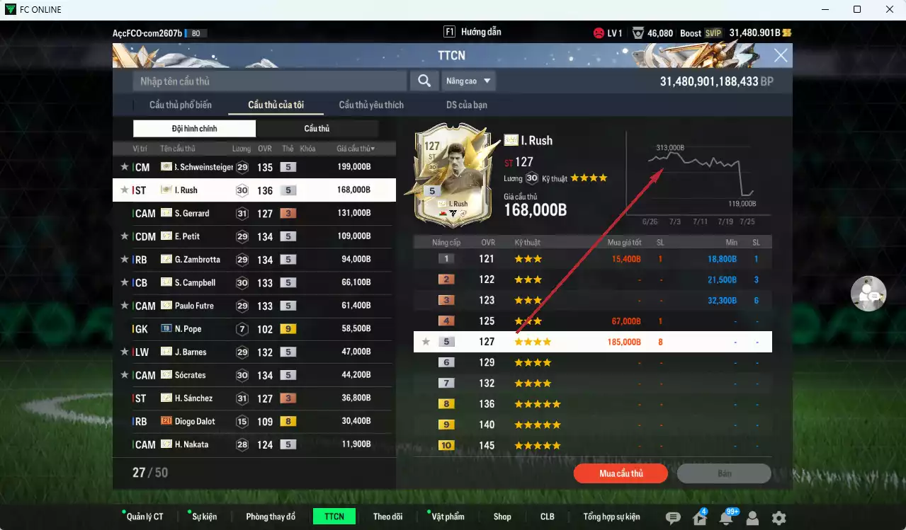 Ảnh Full ITM+5 1.057.970b dư 28.000b có Rush ITM+5, Schweinsteiger ITM+5, Petit ITM+5, Zamrotta ITM+5, Sol Campbell ITM+5, Sócrates ITM+5, Futre ITM+5, Barnes ITM+5, Nakata ITM+5, Sánchez +3, Gerrard+3...