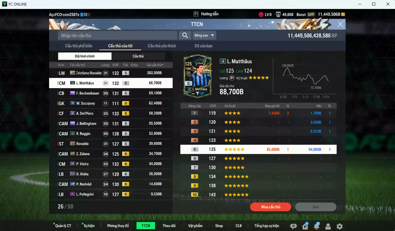 Ảnh Quốc Dân 768.930b dư 11.400b có CR7 BLD, Matthaus LE, Beckenbauer WB, Del Piero LN, Bellingham WB, Baggio LE, Ronaldo BDO, Zidane BTB, Vieira LN, Alaba CU+6, Nedved CAP... Còn nhiều CP GIẢM THUẾ