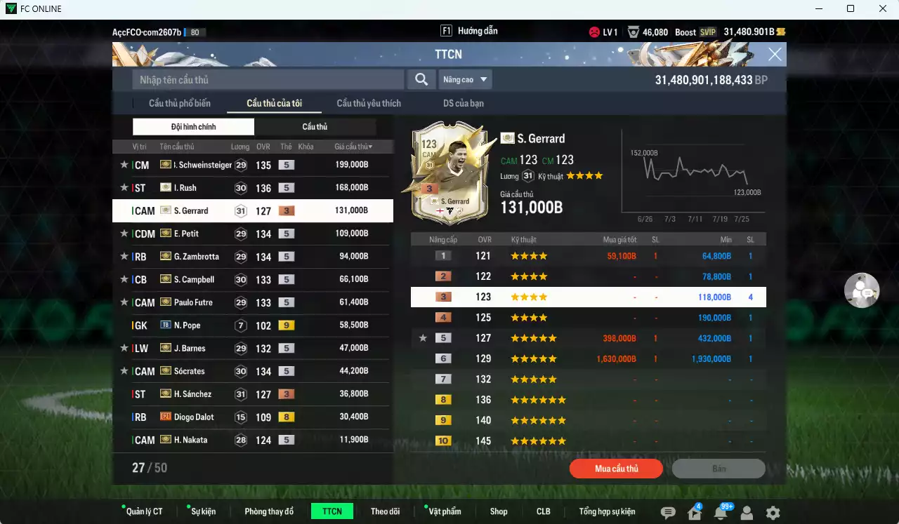 Ảnh Full ITM+5 1.057.970b dư 28.000b có Rush ITM+5, Schweinsteiger ITM+5, Petit ITM+5, Zamrotta ITM+5, Sol Campbell ITM+5, Sócrates ITM+5, Futre ITM+5, Barnes ITM+5, Nakata ITM+5, Sánchez +3, Gerrard+3...