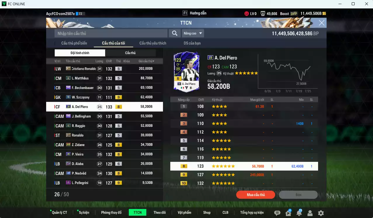 Ảnh Quốc Dân 768.930b dư 11.400b có CR7 BLD, Matthaus LE, Beckenbauer WB, Del Piero LN, Bellingham WB, Baggio LE, Ronaldo BDO, Zidane BTB, Vieira LN, Alaba CU+6, Nedved CAP... Còn nhiều CP GIẢM THUẾ