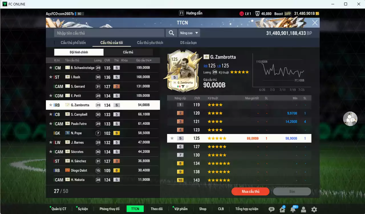 Ảnh Full ITM+5 1.057.970b dư 28.000b có Rush ITM+5, Schweinsteiger ITM+5, Petit ITM+5, Zamrotta ITM+5, Sol Campbell ITM+5, Sócrates ITM+5, Futre ITM+5, Barnes ITM+5, Nakata ITM+5, Sánchez +3, Gerrard+3...