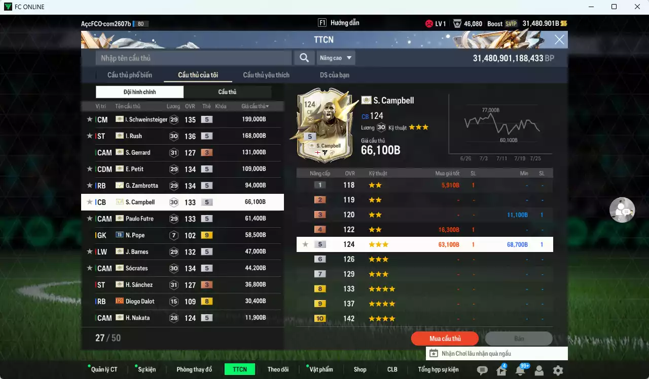 Ảnh Full ITM+5 1.057.970b dư 28.000b có Rush ITM+5, Schweinsteiger ITM+5, Petit ITM+5, Zamrotta ITM+5, Sol Campbell ITM+5, Sócrates ITM+5, Futre ITM+5, Barnes ITM+5, Nakata ITM+5, Sánchez +3, Gerrard+3...