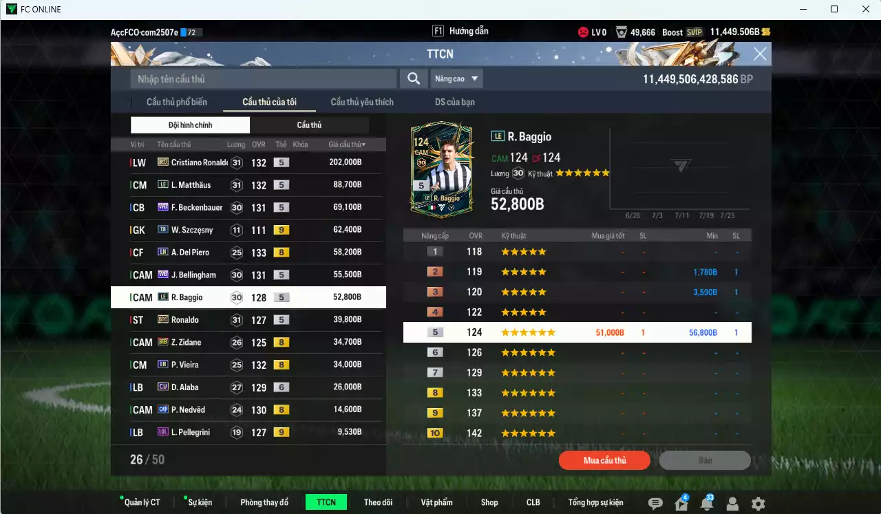 Ảnh Quốc Dân 768.930b dư 11.400b có CR7 BLD, Matthaus LE, Beckenbauer WB, Del Piero LN, Bellingham WB, Baggio LE, Ronaldo BDO, Zidane BTB, Vieira LN, Alaba CU+6, Nedved CAP... Còn nhiều CP GIẢM THUẾ