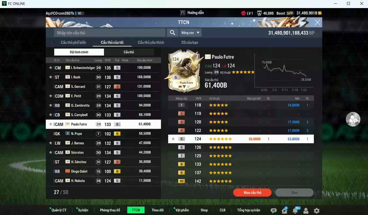Ảnh Full ITM+5 1.057.970b dư 28.000b có Rush ITM+5, Schweinsteiger ITM+5, Petit ITM+5, Zamrotta ITM+5, Sol Campbell ITM+5, Sócrates ITM+5, Futre ITM+5, Barnes ITM+5, Nakata ITM+5, Sánchez +3, Gerrard+3...