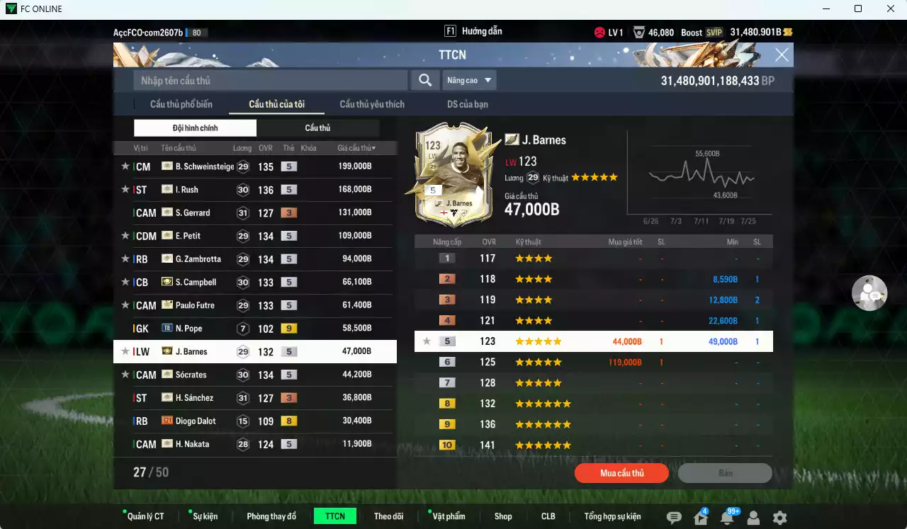 Ảnh Full ITM+5 1.057.970b dư 28.000b có Rush ITM+5, Schweinsteiger ITM+5, Petit ITM+5, Zamrotta ITM+5, Sol Campbell ITM+5, Sócrates ITM+5, Futre ITM+5, Barnes ITM+5, Nakata ITM+5, Sánchez +3, Gerrard+3...