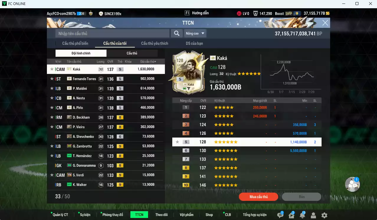 Ảnh [Hạng 877, ACC Rẻ🔥] AC Milan 5.104.620b dư 37.000b có Kaká ITM+5, Maldini ITM+5, Nesta ITM+5, Torres ITM+5, Pirlo ITM+5, Beckham DC, Vieira DC, Sheva BDO+6, Zambrotta BTB+9, Verdi RTN+9... Đã đào tạo full nhiều cầu thủ, HLV Xịn