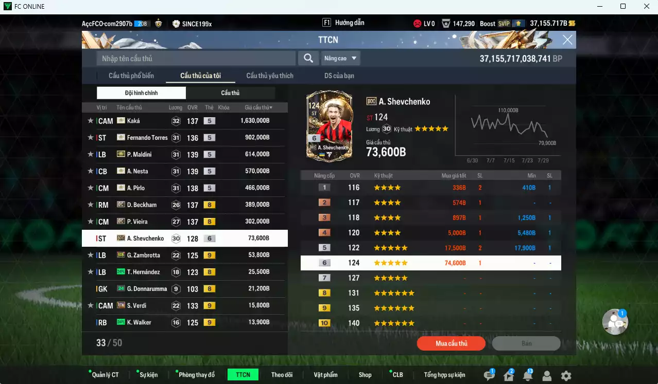 Ảnh [Hạng 877, ACC Rẻ🔥] AC Milan 5.104.620b dư 37.000b có Kaká ITM+5, Maldini ITM+5, Nesta ITM+5, Torres ITM+5, Pirlo ITM+5, Beckham DC, Vieira DC, Sheva BDO+6, Zambrotta BTB+9, Verdi RTN+9... Đã đào tạo full nhiều cầu thủ, HLV Xịn