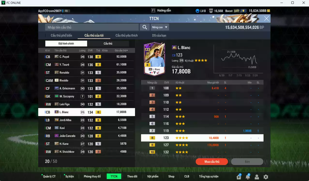 Ảnh Barcelona 318.490b dư 15.600b có Puyol DC, Touré CC, Ronaldo BDO, Rivaldo ITM+3, Griezmann 25TY, Figo BDO, Blanc HG, Alba RTN, Xavi EBS, Cancelo LOL