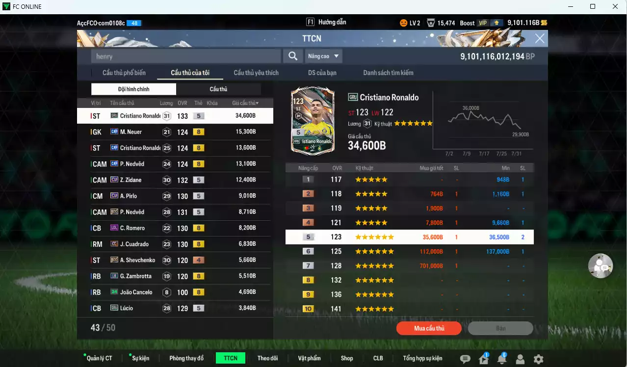 Ảnh [ACC Rẻ🔥] Juventus 162.480b dư 9100b có Henry ITM khóa, CR7 GRU, Nedved CAP, Zidane CU, Pirlo CU, Nedved BDO, CR7 CAP, Romero LOL, Cuadrado CC...