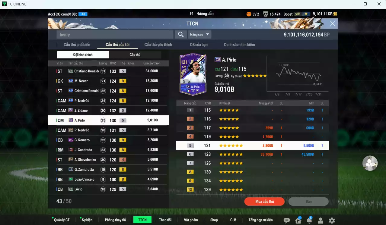 Ảnh [ACC Rẻ🔥] Juventus 162.480b dư 9100b có Henry ITM khóa, CR7 GRU, Nedved CAP, Zidane CU, Pirlo CU, Nedved BDO, CR7 CAP, Romero LOL, Cuadrado CC...